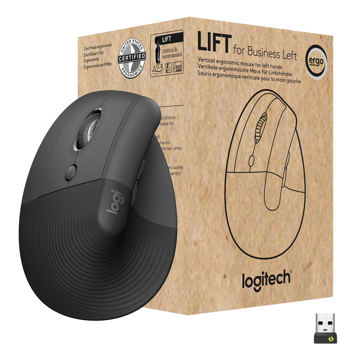Logitech Lift Vertical Left for Business Belaidė pelė RF Wireless + Bluetooth, 4000 DPI, Graphite