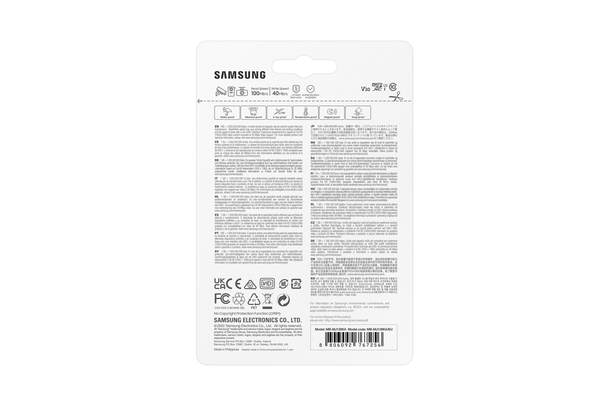 Samsung | PRO Endurance | MB-MJ128KA/EU | 128 GB | MicroSD Memory Card | Flash memory class U3, V30, Class 10 | SD adapter