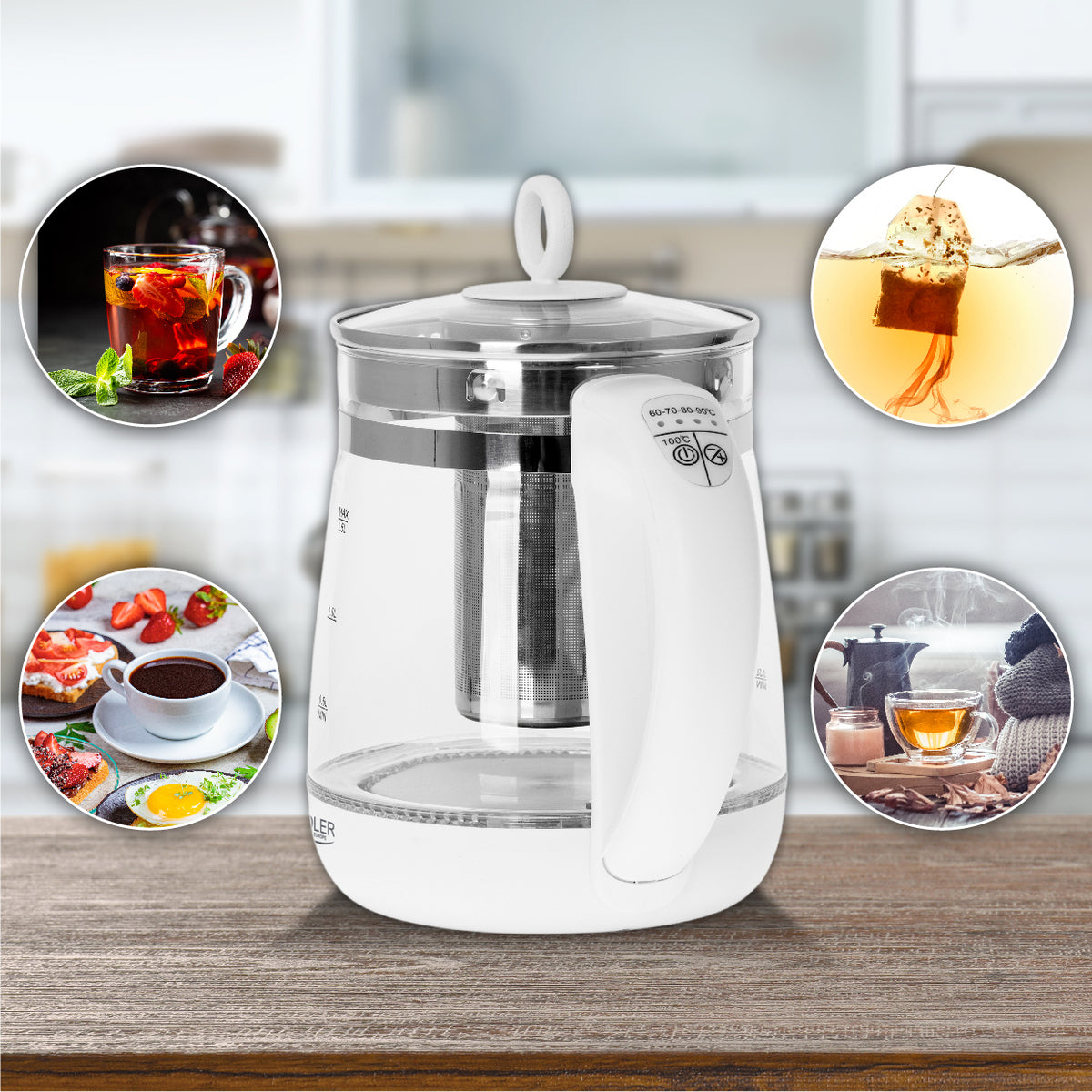 Adler | Kettle | AD 1299 | Electric | 2200 W | 1.5 L | Glass | 360° rotational base | White