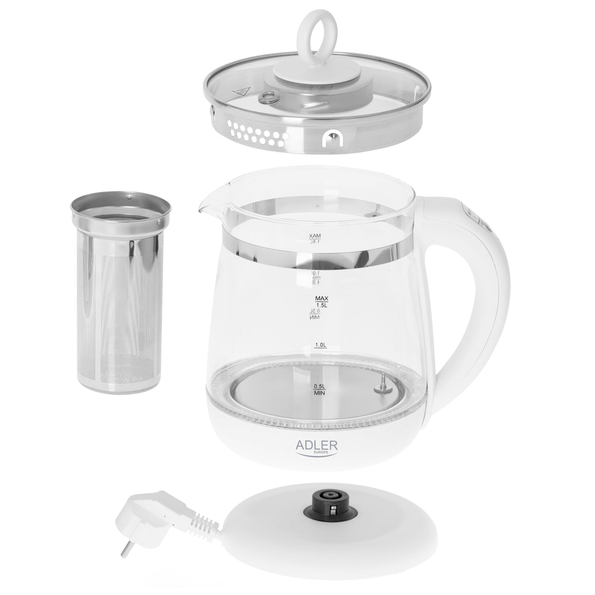 Adler | Kettle | AD 1299 | Electric | 2200 W | 1.5 L | Glass | 360° rotational base | White