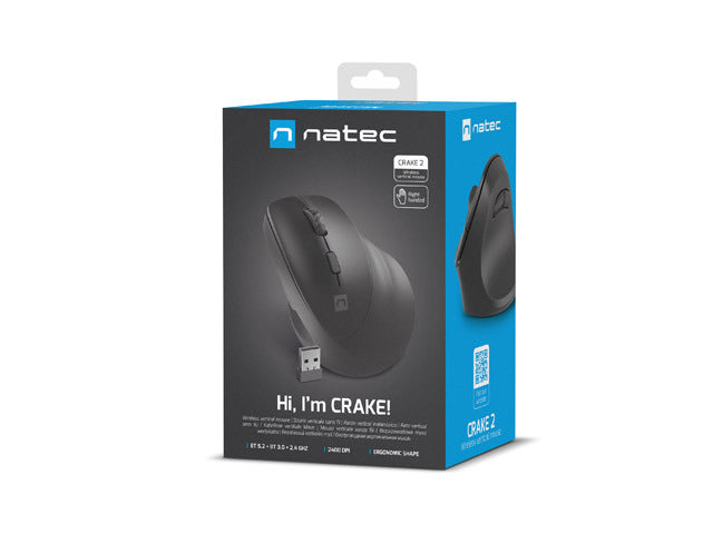 Natec | Vertical Mouse | Crake 2 | Wireless | Vertical Mouse | Bluetooth, 2.4GHz | Black