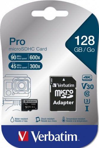 Verbatim 47044 Pro U3 Micro SDXC Atminties kortelė 128GB + microSD į SD Adapteris