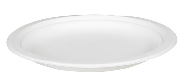 Ekologiškos vienkartinės lėkštės, pagamintos iš cukranendrių. Ø18 cm, 50 vnt