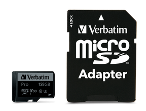 Verbatim 47044 Pro U3 Micro SDXC Atminties kortelė 128GB + microSD į SD Adapteris