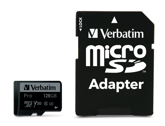 Verbatim 47044 Pro U3 Micro SDXC Atminties kortelė 128GB + microSD į SD Adapteris