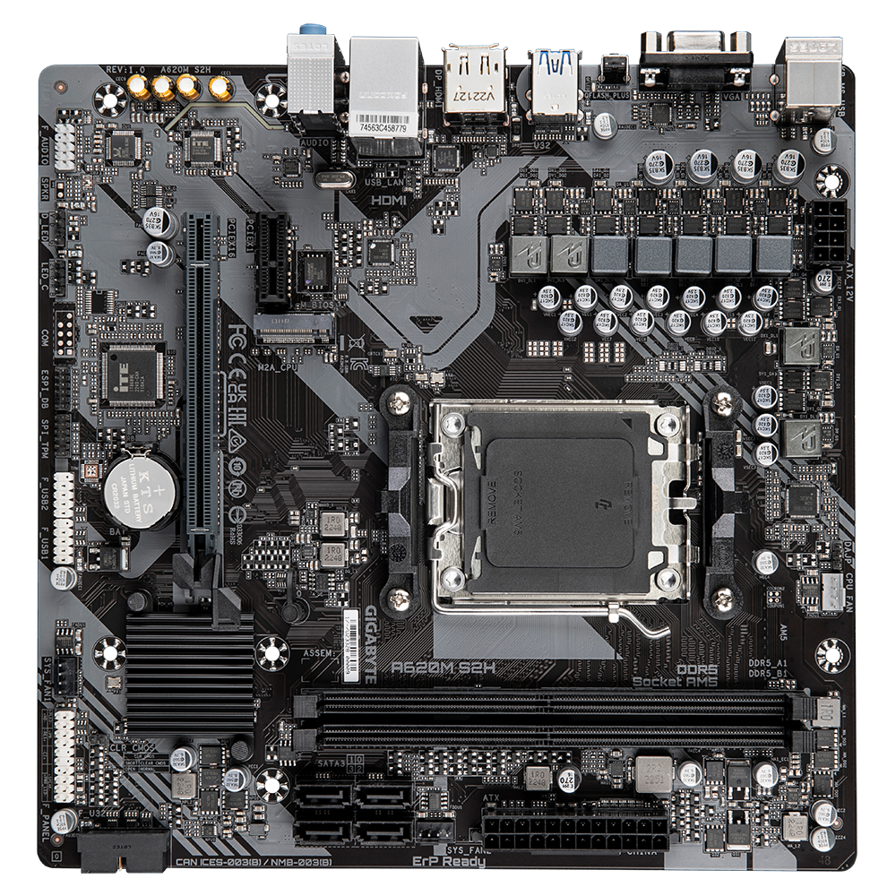 Gigabyte | A620M S2H 1.0 M/B | Processor family AMD | Processor socket AM5 | DDR5 DIMM | Memory slots 2 | Supported hard disk drive interfaces 	SATA, M.2 | Number of SATA connectors 4 | Chipset AMD A620 | Micro ATX