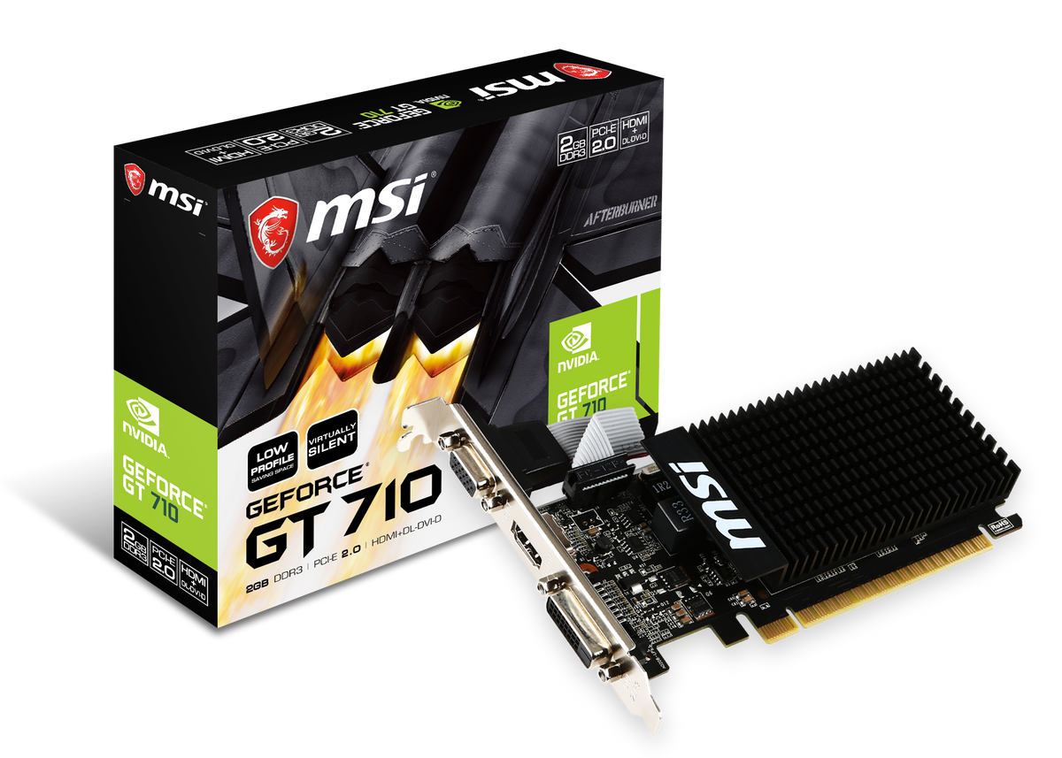 MSI | GT 710 2GD3H LP | NVIDIA | 2 GB | GeForce GT 710 | DDR3 | DVI-D ports quantity 1 | HDMI ports quantity 1 | PCI Express 2.0 x16 (uses x8) | Memory clock speed 1600 MHz | Processor frequency 954 MHz | VGA (D-Sub) ports quantity 1
