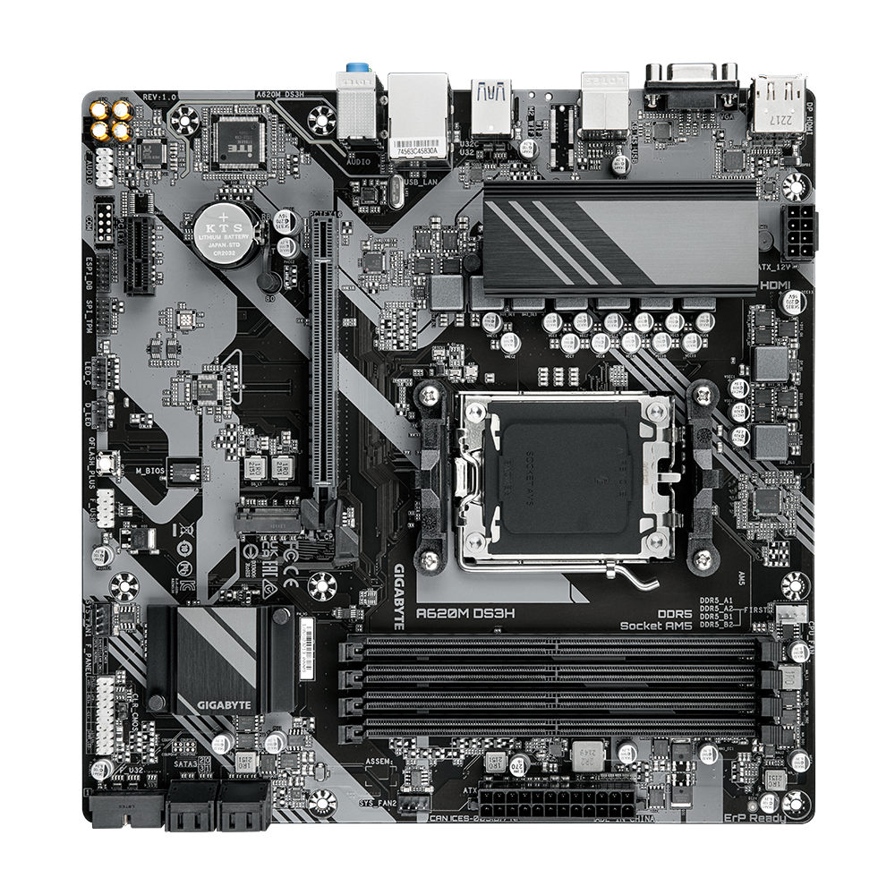 Gigabyte A620M DS3H | Processor family AMD | Processor socket AM5 | DDR5 | Supported hard disk drive interfaces M.2, SATA | Number of SATA connectors 4