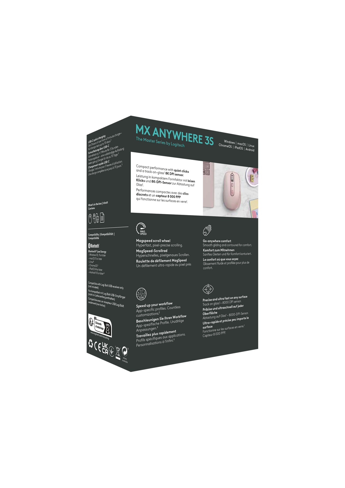 Belaidė pelė Logitech MX Anywhere 3S - RF Wireless + Bluetooth, Laser, 8000 DPI, Rose