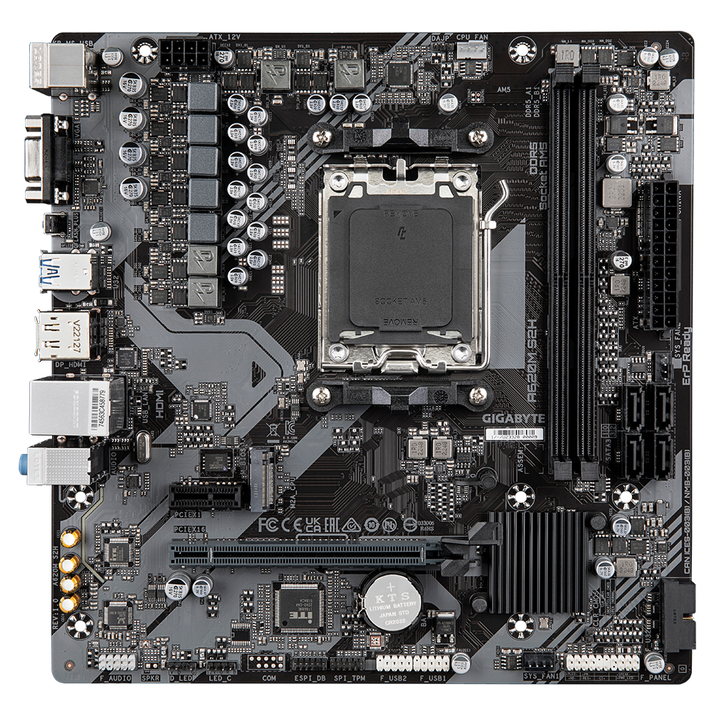 Gigabyte | A620M S2H 1.0 M/B | Processor family AMD | Processor socket AM5 | DDR5 DIMM | Memory slots 2 | Supported hard disk drive interfaces 	SATA, M.2 | Number of SATA connectors 4 | Chipset AMD A620 | Micro ATX