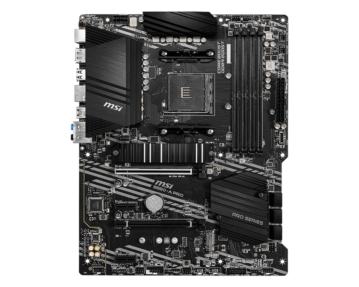 MSI | B550-A PRO | Processor family AMD | Processor socket AM4 | DDR4 DIMM | Memory slots 4 | Supported hard disk drive interfaces SATA, M.2 | Number of SATA connectors 6 | Chipset AMD B550 | ATX
