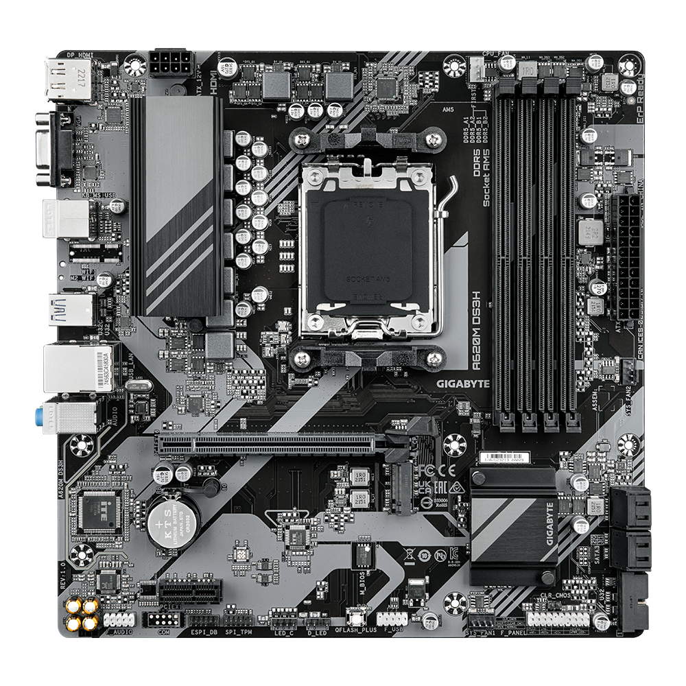 Gigabyte A620M DS3H | Processor family AMD | Processor socket AM5 | DDR5 | Supported hard disk drive interfaces M.2, SATA | Number of SATA connectors 4