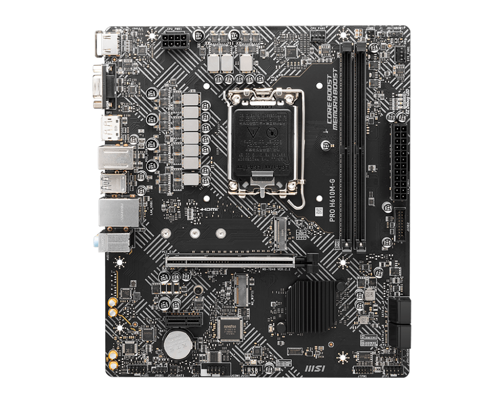 MSI | PRO H610M-G | Processor family Intel | Processor socket LGA1700 | DDR5 | Supported hard disk drive interfaces SATA, M.2 | Number of SATA connectors 4