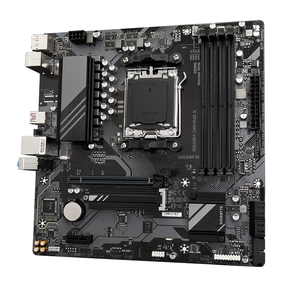 Gigabyte | A620M GAMING XG10 | Processor family AMD | Processor socket AM5 | DDR5 DIMM | Memory slots 4 | Supported hard disk drive interfaces 	SATA, M.2 | Number of SATA connectors 4 | Chipset AMD A620 | Micro ATX