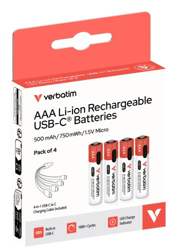 Verbatim 30250 USB-C Įkraunamos baterijos Li-ion AAA 500mAh (4 vnt pakuotėje)