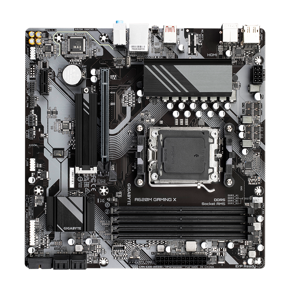 Gigabyte | A620M GAMING XG10 | Processor family AMD | Processor socket AM5 | DDR5 DIMM | Memory slots 4 | Supported hard disk drive interfaces 	SATA, M.2 | Number of SATA connectors 4 | Chipset AMD A620 | Micro ATX