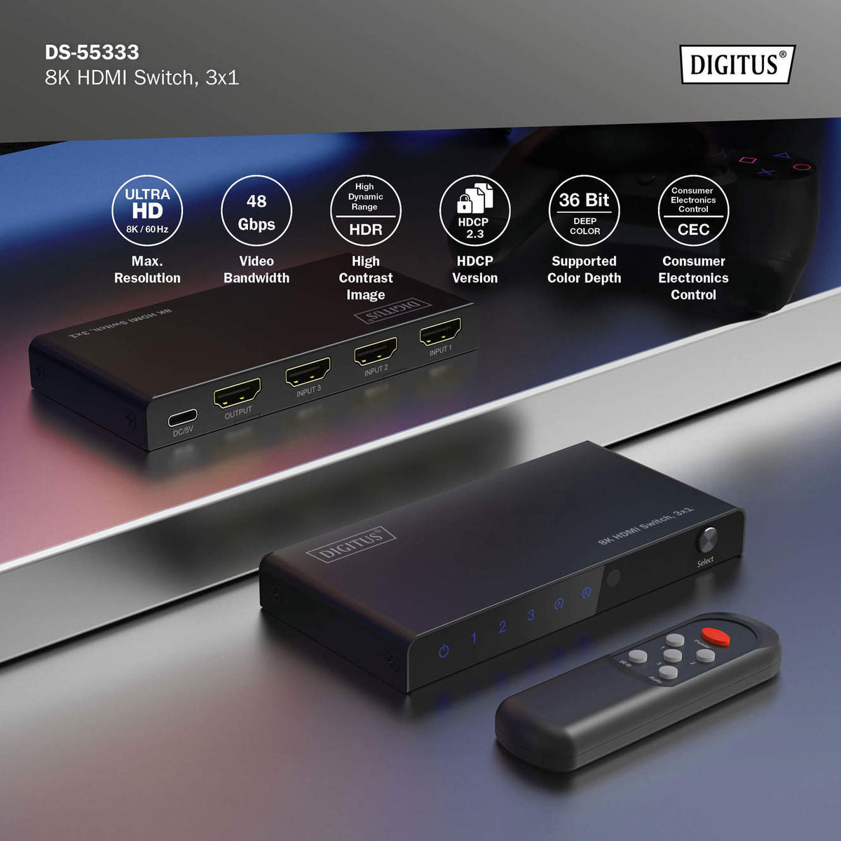 Digitus 8K HDMI Switch, 3x1 | DS-55333 | Black