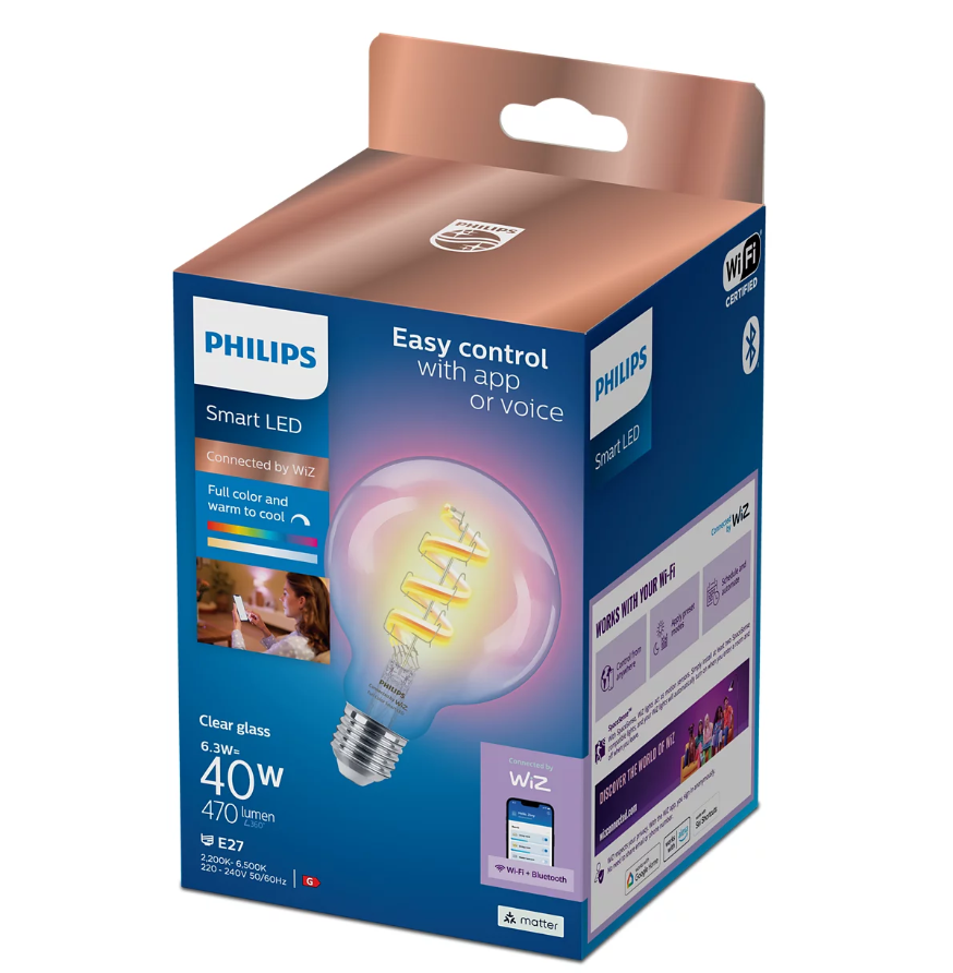 Philips Smart WiFi Filament Clear G95 470Lm | E27 | 6.3 W | RGB | Bluetooth, Wi-Fi
