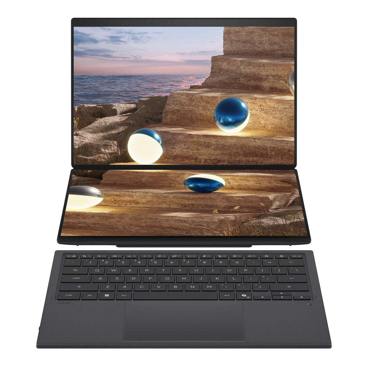 Asus | Zenbook Duo UX8407AA-SN066W | Moher Gray | 14 " | OLED | Touchscreen | 2.8K | 2880 x 1800 pixels | 144 Hz | Anti-Reflective | Intel Core Ultra X9 | 378H | 32 GB | LPDDR5X | Solid-state drive capacity 2000 GB | Intel Arc Graphics | Windows 11 Pro | 