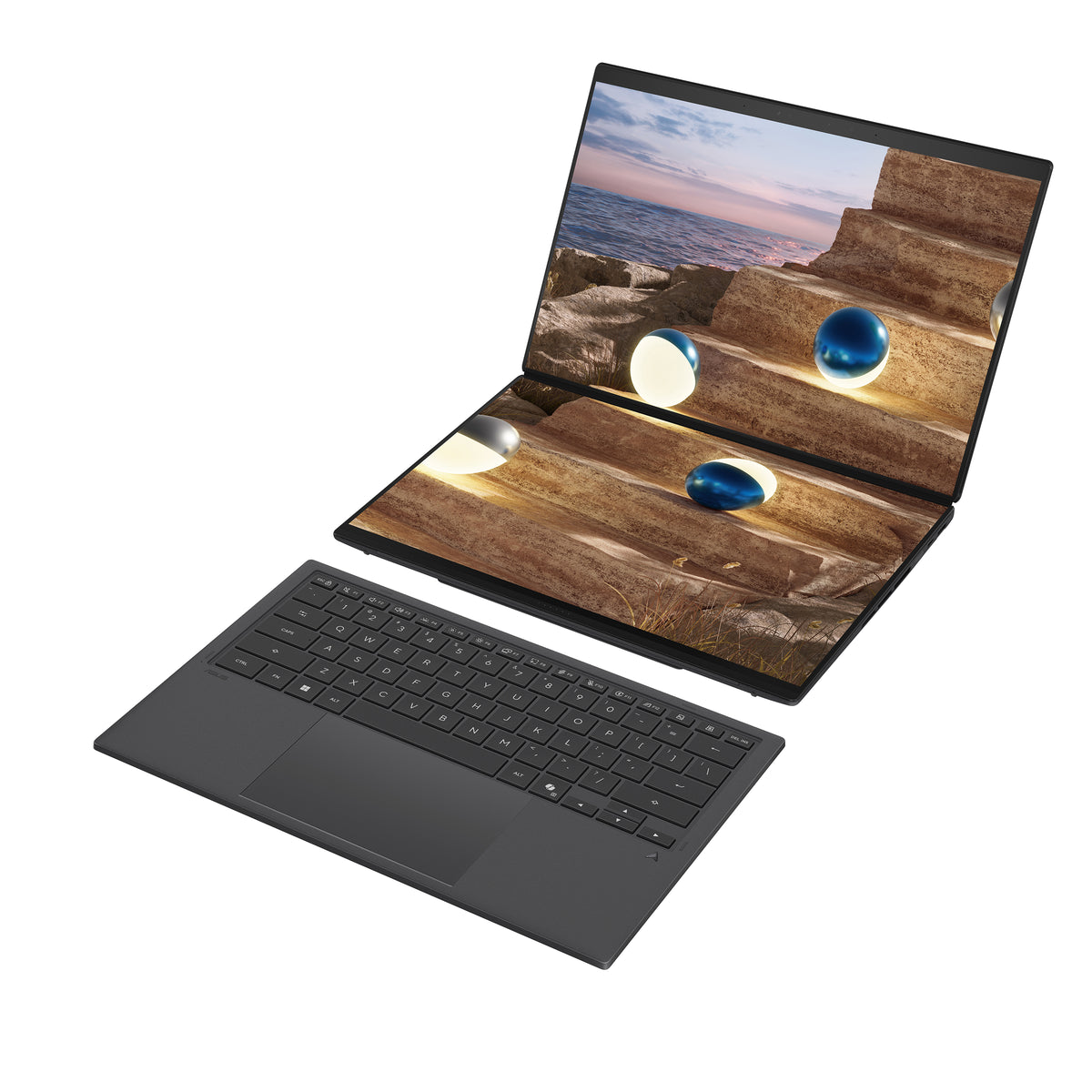 Asus | Zenbook Duo UX8407AA-SN066W | Moher Gray | 14 " | OLED | Touchscreen | 2.8K | 2880 x 1800 pixels | 144 Hz | Anti-Reflective | Intel Core Ultra X9 | 378H | 32 GB | LPDDR5X | Solid-state drive capacity 2000 GB | Intel Arc Graphics | Windows 11 Pro | 