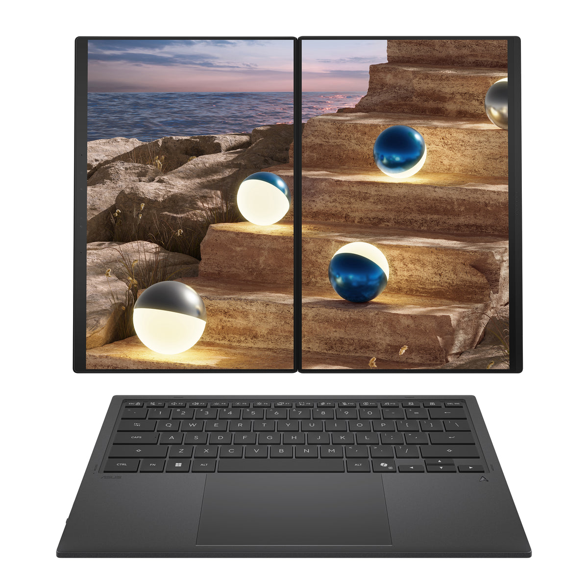 Asus | Zenbook Duo UX8407AA-SN066W | Moher Gray | 14 " | OLED | Touchscreen | 2.8K | 2880 x 1800 pixels | 144 Hz | Anti-Reflective | Intel Core Ultra X9 | 378H | 32 GB | LPDDR5X | Solid-state drive capacity 2000 GB | Intel Arc Graphics | Windows 11 Pro | 