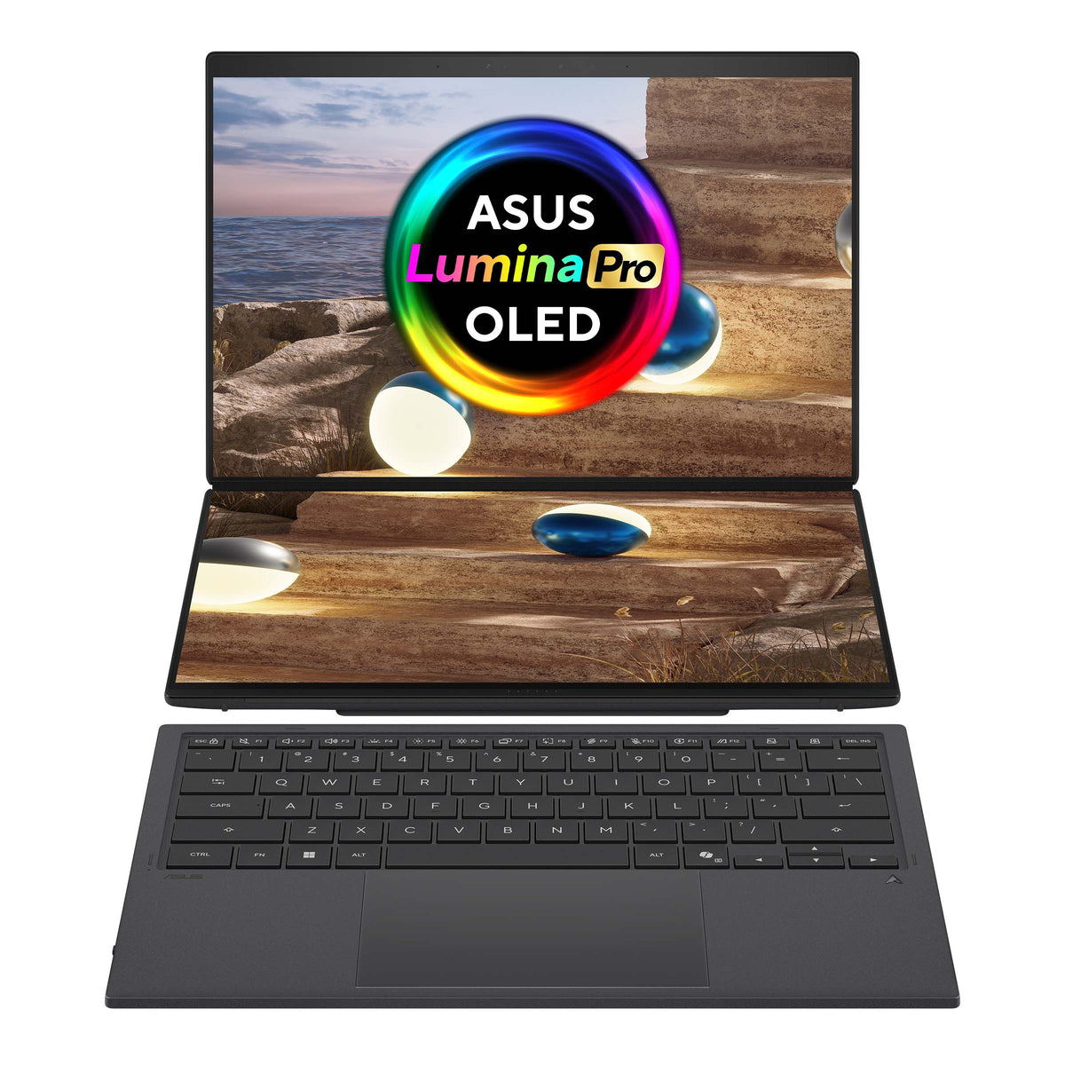 Asus | Zenbook Duo UX8407AA-SN066W | Moher Gray | 14 " | OLED | Touchscreen | 2.8K | 2880 x 1800 pixels | 144 Hz | Anti-Reflective | Intel Core Ultra X9 | 378H | 32 GB | LPDDR5X | Solid-state drive capacity 2000 GB | Intel Arc Graphics | Windows 11 Pro | 