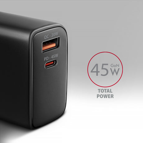 AXAGON GaN wallcharger 2x port (USB-A + USB-C), PD3.0/PPS/QC4+/SFC2.0/AFC/SCP/FCP/Apple, 45W | ACU-PQ45