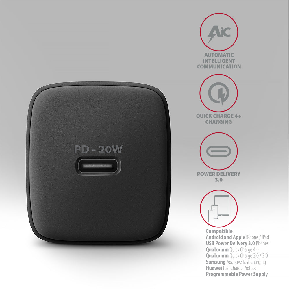 AXAGON Wallcharger 1x port USB-C, PD3.0/PPS/QC4+/AFC/FCP/Apple, 20W | ACU-PD20