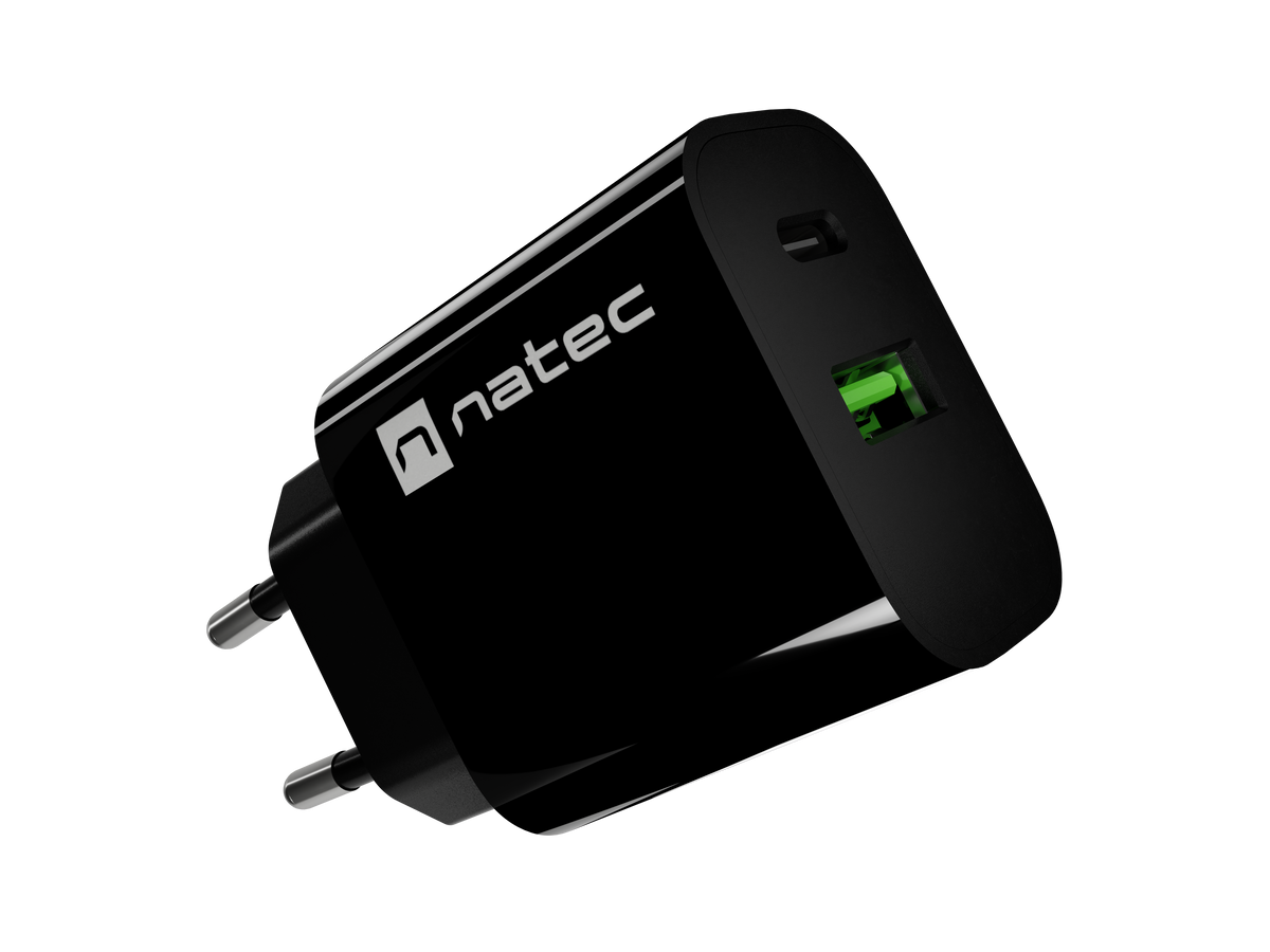 Natec Ribera USB Charger 1X USB-A + 1X USB-C 20W, Black