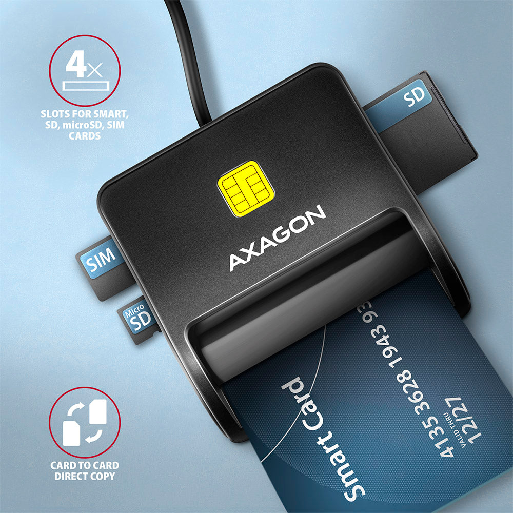 AXAGON Compact desktop USB contact Smart/ID & SD/microSD/SIM card reader with long, USB-A cable | CRE-SM3SD