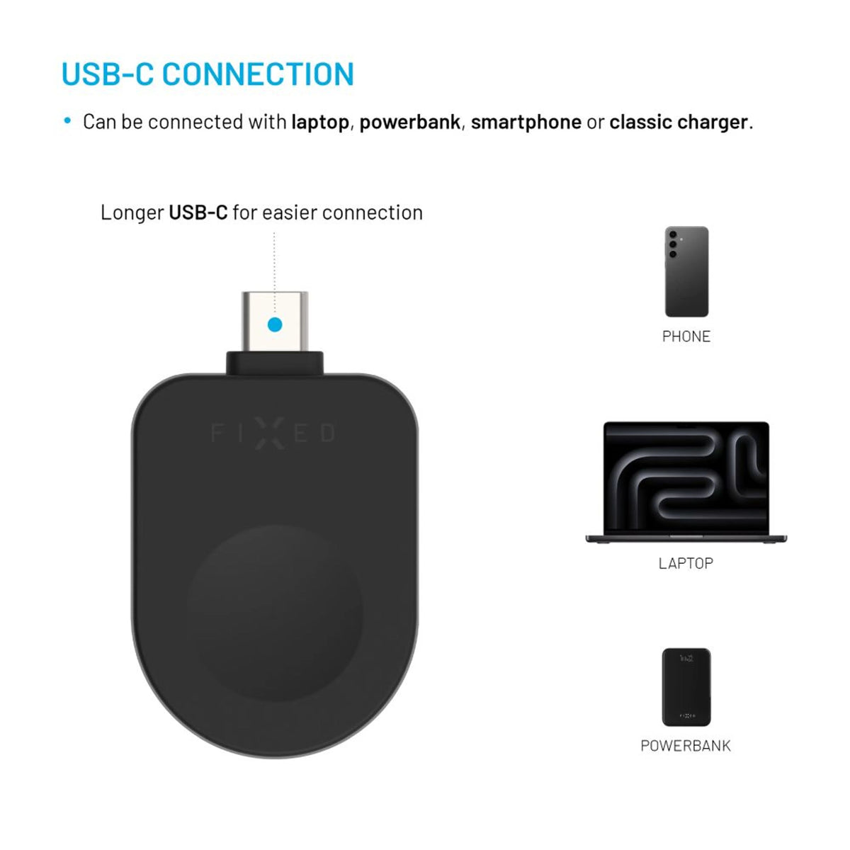 Fixed USB-C Charging Adapter for Apple Watch compatible with Powerstation Uni, Black