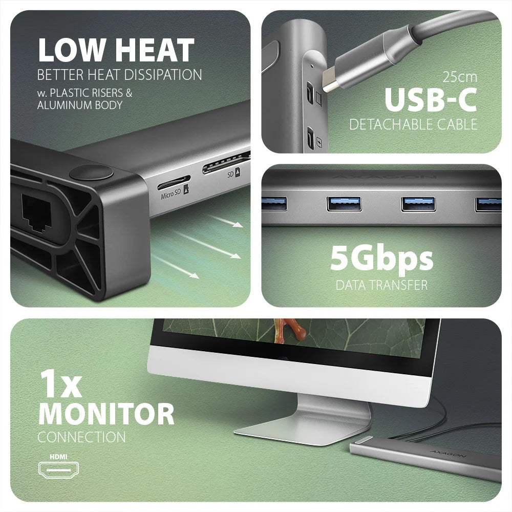 AXAGON USB-C 5Gbps LONGER 9in1 hub | HMC-10HLS