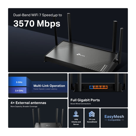 TP-LINK Archer BE220 | BE3600 Dual-Band Wi-Fi 7 Router | 802.11be | 10/100/1000 Mbit/s | Mesh Support No | MU-MiMO No | Antenna type External | No mobile broadband