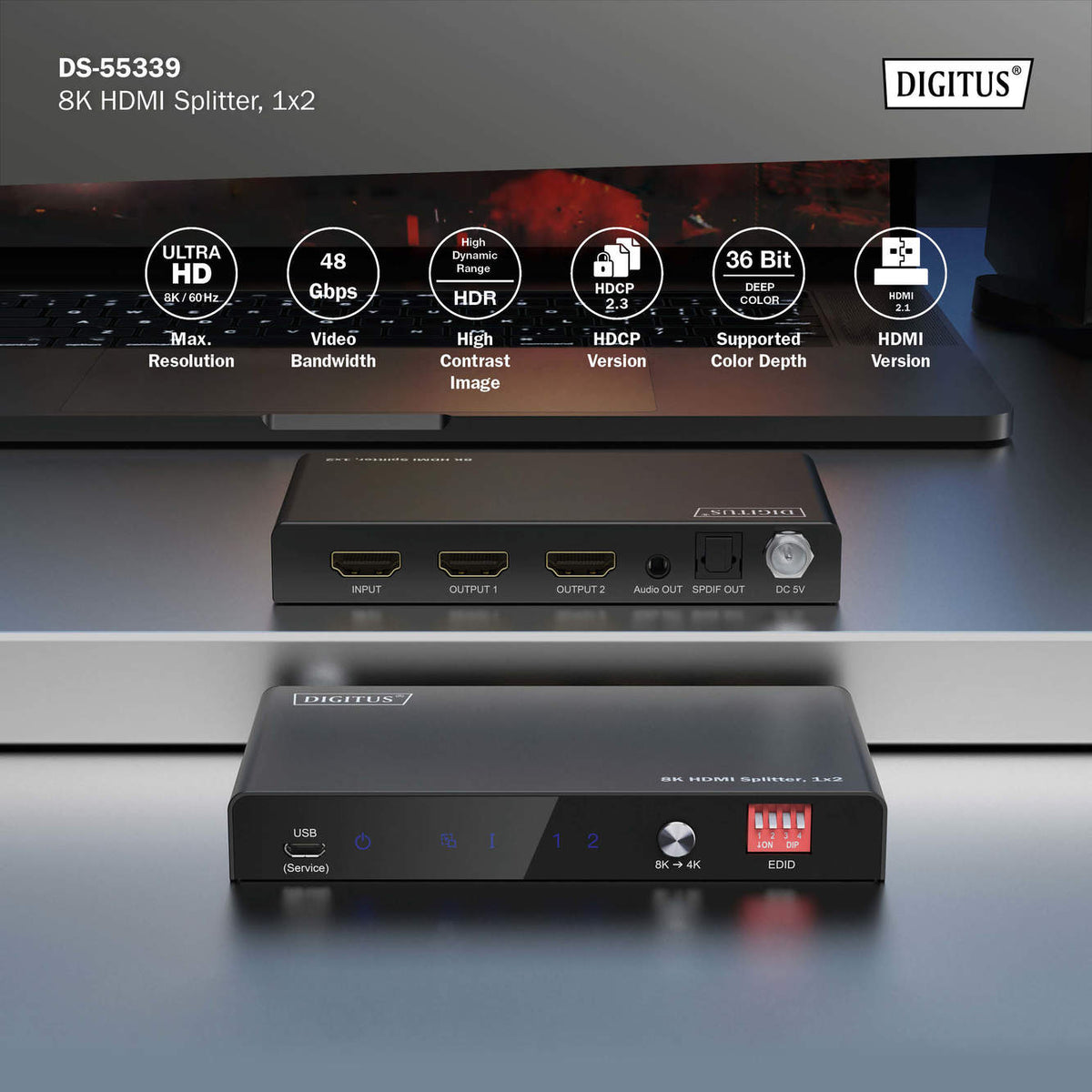 Digitus 8K HDMI Splitter, 1x2 | DS-55339 | Black
