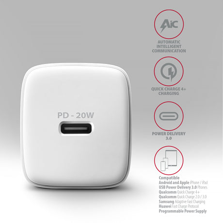 AXAGON Wallcharger 1x port USB-C, PD3.0 / PPS /QC4+/AFC/FCP/Apple, 20W | ACU-PD20W