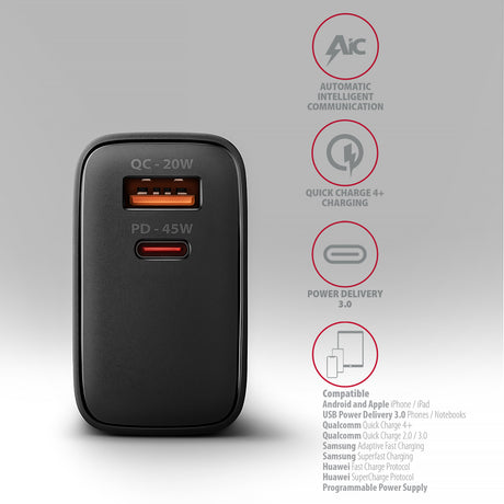 AXAGON GaN wallcharger 2x port (USB-A + USB-C), PD3.0/PPS/QC4+/SFC2.0/AFC/SCP/FCP/Apple, 45W | ACU-PQ45
