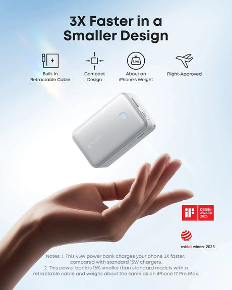 Anker Nano Power Bank 45W with Built-In Retractable USB-C Cable | A1638H11 | 10000 mAh | Black