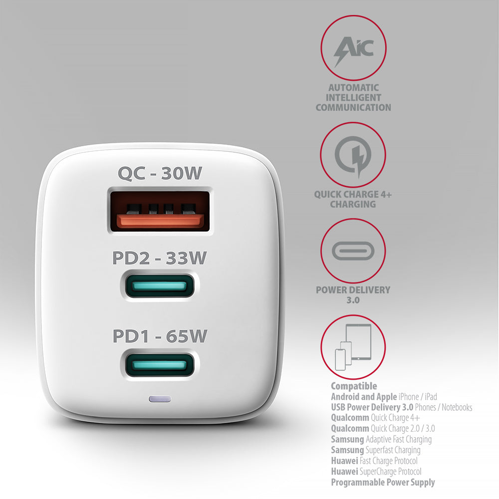 AXAGON GaN wallcharger 3x port (USB-A + 2x USB-C), PD3.0/PPS/QC4+/SFC2.0/AFC/SCP/FCP/Apple, 65W | ACU-DPQ65W