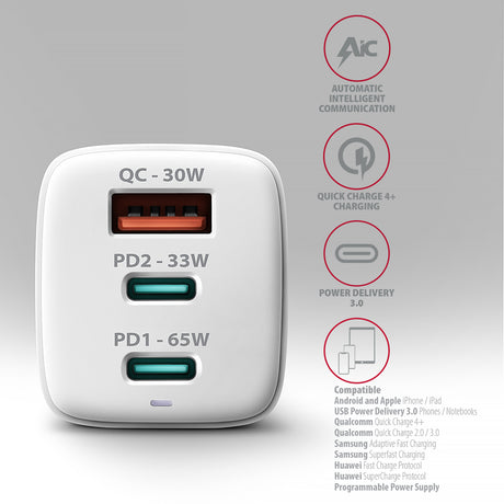 AXAGON GaN wallcharger 3x port (USB-A + 2x USB-C), PD3.0/PPS/QC4+/SFC2.0/AFC/SCP/FCP/Apple, 65W | ACU-DPQ65W