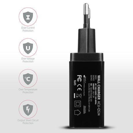 AXAGON Dual wallcharger 240V/2x USB port QC3.0/AFC/FCP and 5V-1.2A, 24W | ACU-QS24