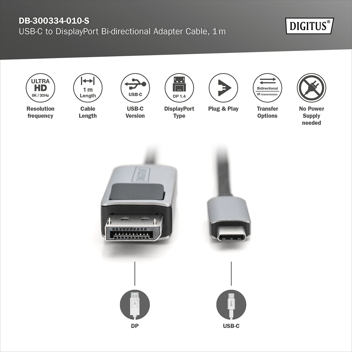 Digitus | Bi-directional Adapter Cable | DB-300334-010-S | USB-C to DisplayPort