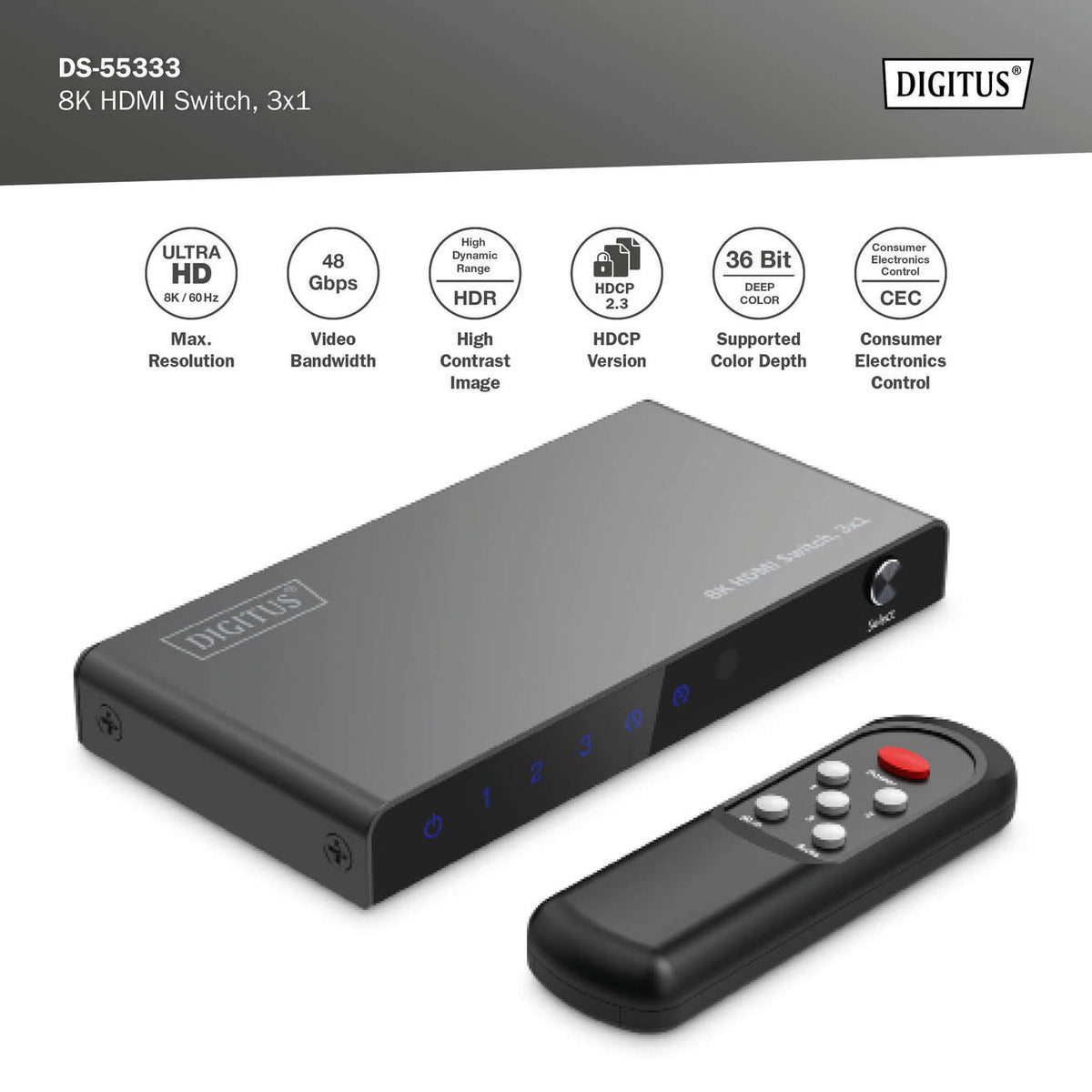 Digitus 8K HDMI Switch, 3x1 | DS-55333 | Black