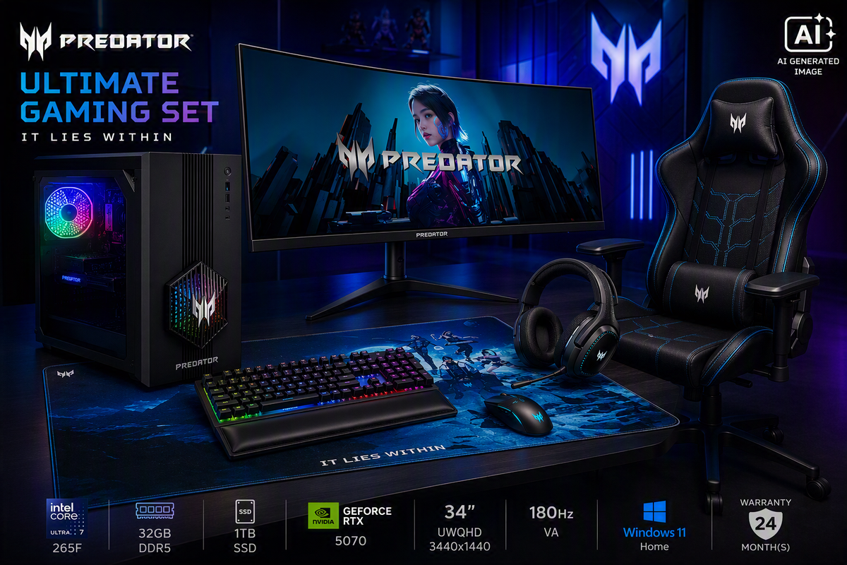 Acer Ultimate Gaming Set | Orion 3000 + X34 V3 + PGC371 + Aethon 700 + Galea 550 + Cestus 333 + PMP470 | Desktop | Tower | Intel Core Ultra 7 | 265F | 32 GB | DDR5 | 1000 GB | NVIDIA GeForce RTX 5070 | US | Windows 11 Home