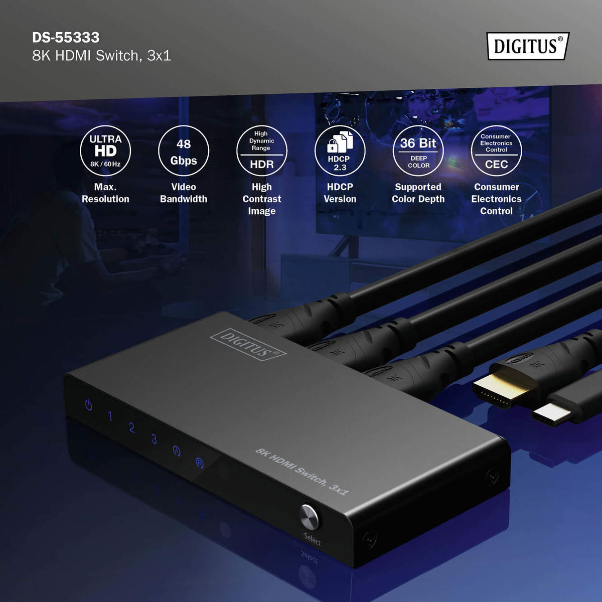 Digitus 8K HDMI Switch, 3x1 | DS-55333 | Black