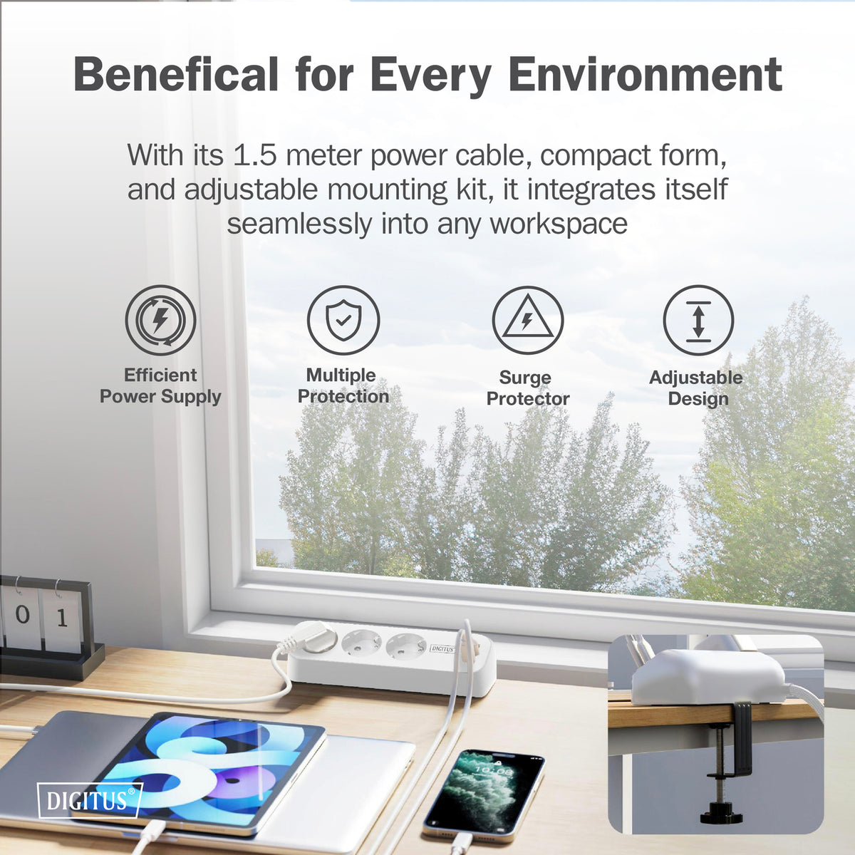 Digitus 3-way office socket strip with 2x USB-A and 1x USB-C connections | DA-70626