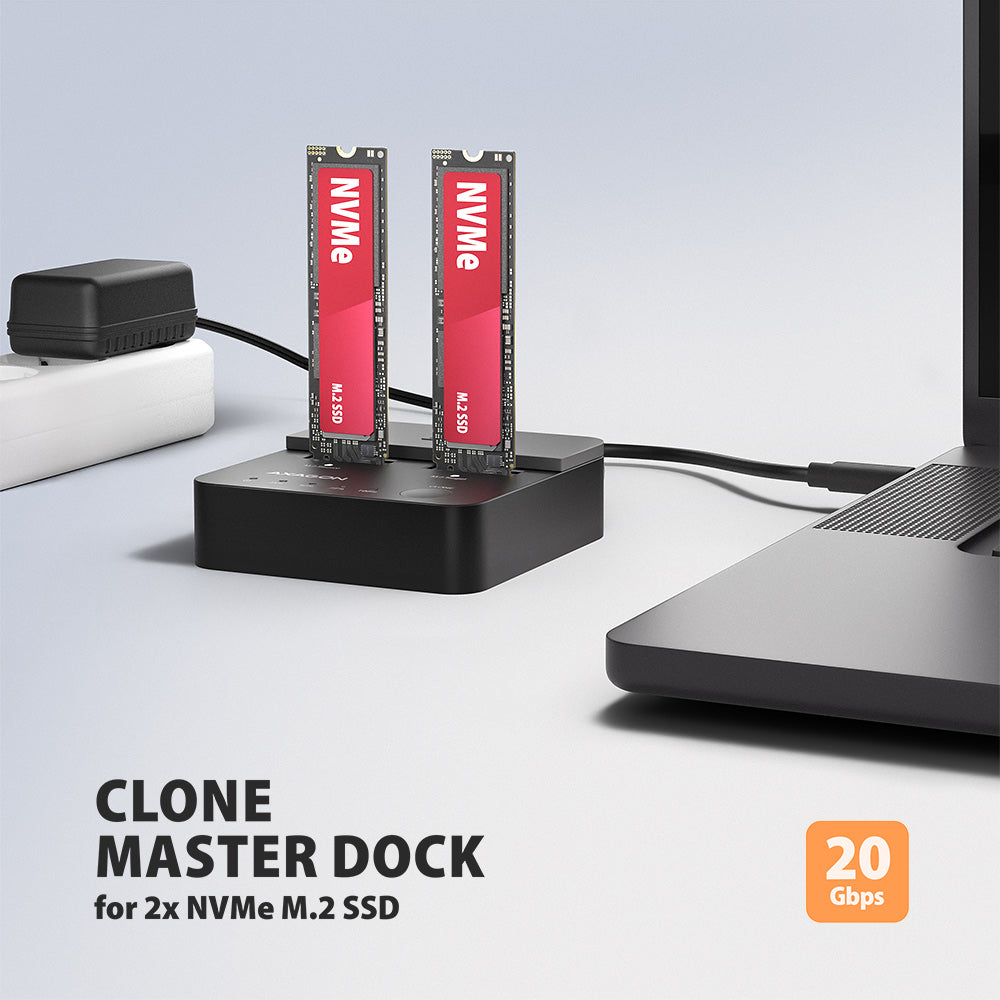 AXAGON | USB-C 20Gbps docking station for 2× M.2 NVMe SSD with disk cloning function without PC | ADSA-M2C22L