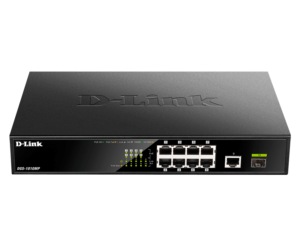 D-Link | 10 Gigabit port Switch with PoE | DGS-1010MP | Unmanaged | Desktop / Rackmount | Gigabit Ethernet (copper) ports quantity 1 | SFP ports quantity 1 | Power over Ethernet (PoE) ports quantity 8
