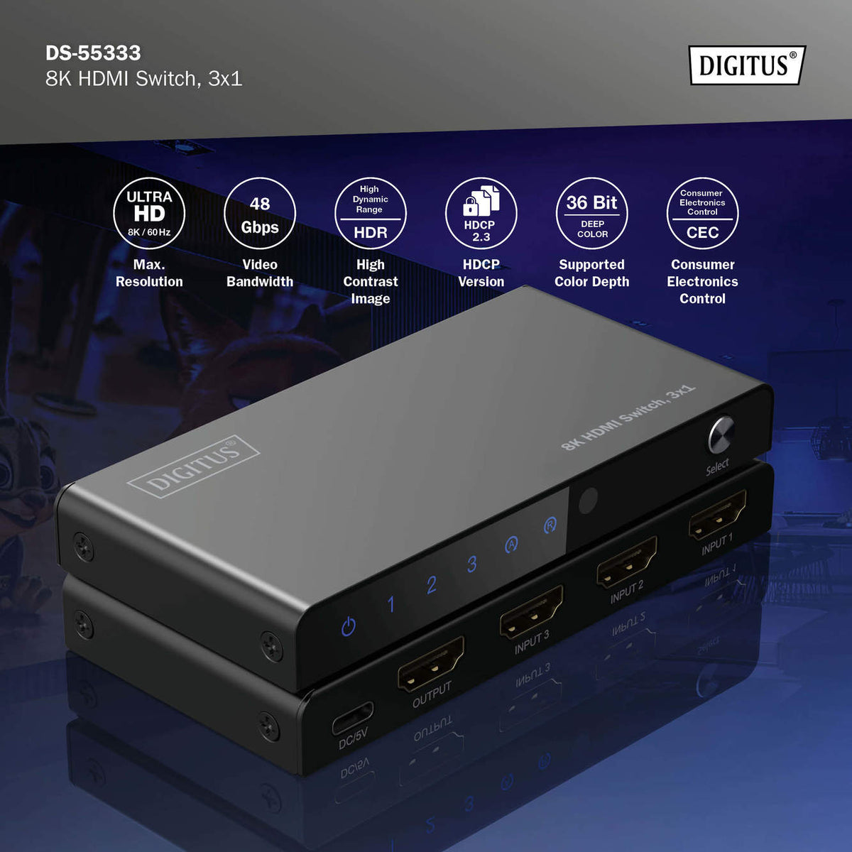 Digitus 8K HDMI Switch, 3x1 | DS-55333 | Black