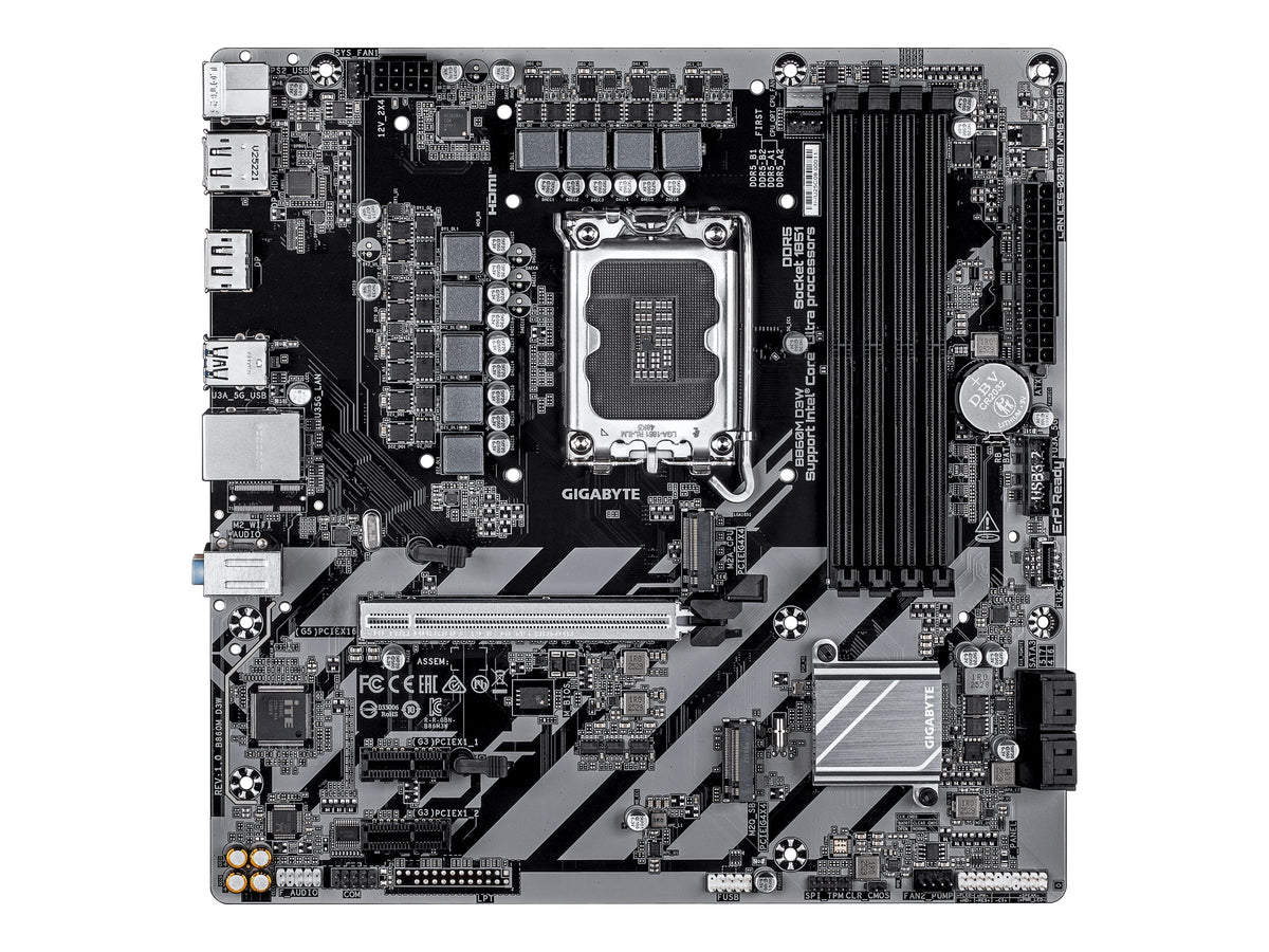 Gigabyte B860M D3W | Processor family Intel | Processor socket LGA1851 | DDR5 | Supported hard disk drive interfaces M.2, SATA | Number of SATA connectors 4