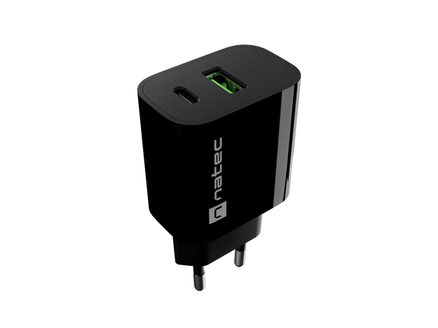 Natec Ribera USB Charger 1X USB-A + 1X USB-C 20W, Black